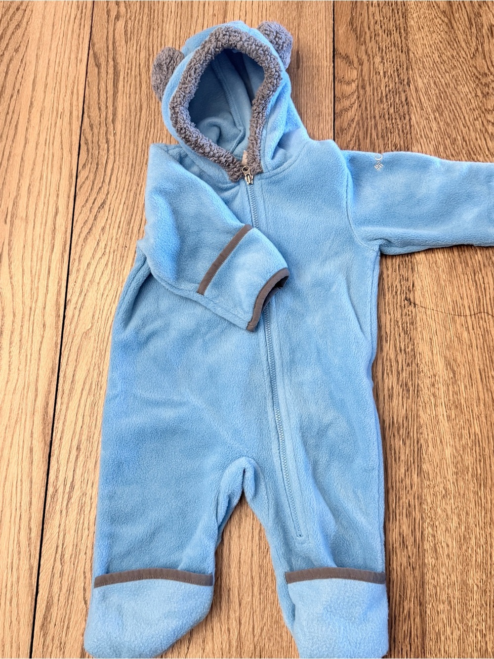 Columbia light blue‎ & gray fleece bunting snowsuit infant size 3-6 months Q